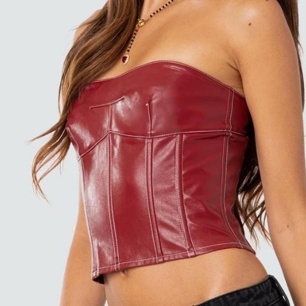 EDIKTED Moss Lace-Up Faux Leather Corset Strapless Top